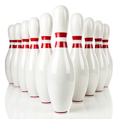 Ten White Bowling Pins with Red Stripes, Arranged in a Row isolated on white background
