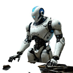 A white futuristic robot with blue accents sitting at a table with tools on a black background