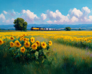 A field of sunflowers and a freight train. Illustration of sunflower field in oil painting style.　　　　