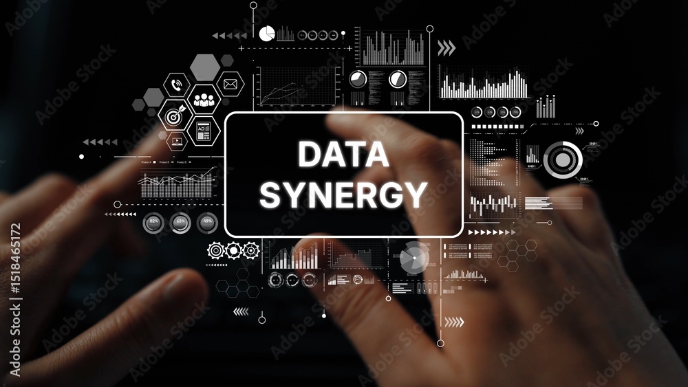 Poster Dynamic hands interacting with digital interface showcasing the concept of data synergy and analytics in modern technology. Asymptotic smart data analytic.