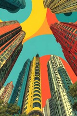 Views of skyscrapers in vibrant  style against a pastel backdrop