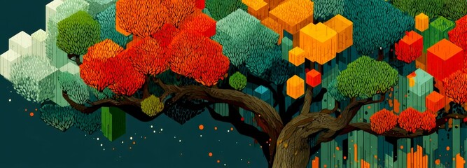 Graphic tree design featuring geometric shapes and vibrant colors against dark backdrop