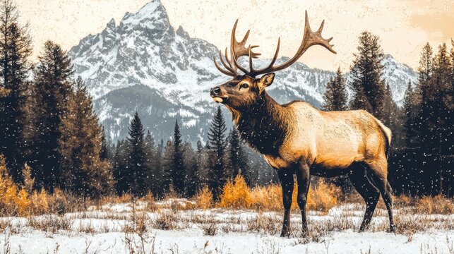 Majestic elk stands amidst a snowy mountain landscape.
