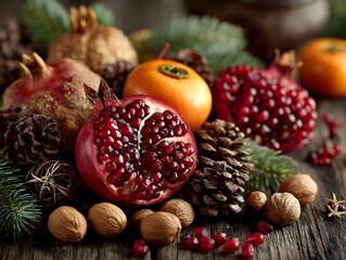 Radiant Pomegranate and Citrus Composition Showcasing Seedless Freshness – Immersive Visual for Sustainable Food Branding and Wellness Display
