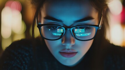 Close up view of focused business person wears computer glasses, looking at pc screen with computer reflection using internet, reading, watching, working online late.