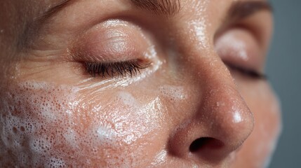 Close-up of a woman's face with detailed skin texture, natural makeup, and closed eyes showcasing skincare or beauty routine in soft lighting