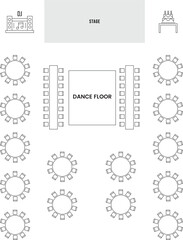 Reception Floor Plan, seat plan, scheme architectural plan for wedding and reception, customizable stroke, vector, illustration