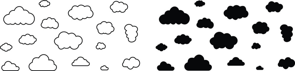 Clouds large and small icon set. Blue sky clouds vector collection isolated on transparent light blue background. Cartoon weather illustration. Fluffy nature environment symbol for web and app.