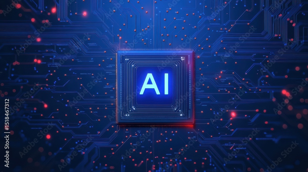 Poster ai chip background on technology blue background. circuit board. ai tech bg. semiconductor or cpu pr