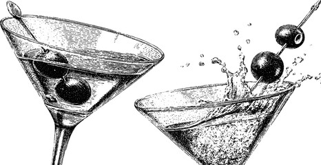 Vintage engraved martini glasses with splashing olive garnish - perfect for bar or cocktail design