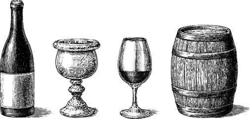 Vintage mead bottle, glassware, and barrel engraving: classic collection design for enthusiasts