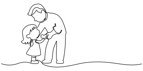 continuous one single black line art doodle drawing of Father and child walking hand in hand father day concept illustration. Happy father's day concept line art. Editable stroke vector.