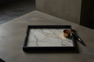 Elegant Marble Tray with Gold Ring on Dark Background
