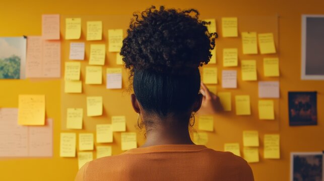 Fototapeta Close up over shoulder view of young african american woman pin weekly planning sticker on mood board at home office. Girl put many sticky note memo on noticeboard to organize life and work concept i