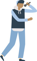 Young man singing rap lyrics with passion, gripping a microphone during an energetic live performance. Dressed in casual clothes and a hoodie, moving dynamically on stage