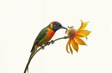 Fototapeta premium Colorful Hummingbird Hovering and Feeding on Flower – Isolated on White, AI Generated