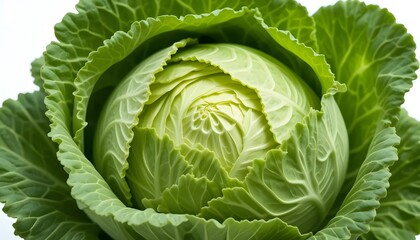 Obraz premium Сlose-up of fresh green cabbage head with crisp leaves, isolated on white background, studio lighting