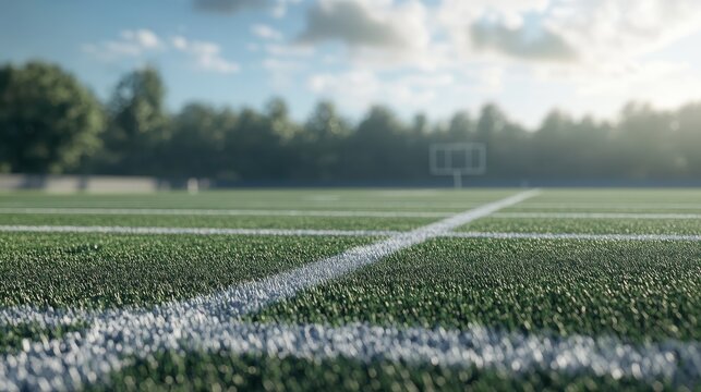 A high-school sports field lawn with white painted lines and a goalpost in the background