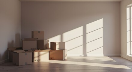 an empty, well-lit room with moving boxes