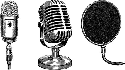 Vintage microphone and cable set engraved illustration for music design and decor