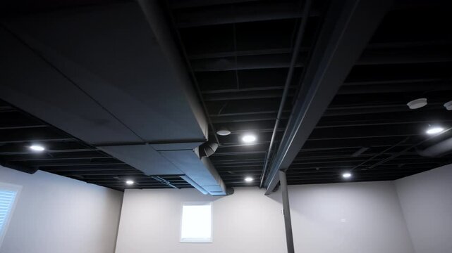 Electrical and hvac air systems communications with poles and metal pipes on the ceiling inside modern building. Stabile shot
