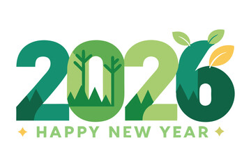 Happy New Year 2026 Nature-Inspired Minimalist Design with Green Leaves on White Background. © Sujit