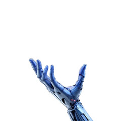 A metallic robot hand reaching up against a black background with visible details and red light spots