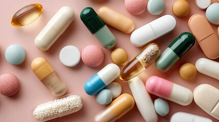 Brightly colored pills and tablets lay scattered on a light pink surface, allowing for text or advertisements to be added easily