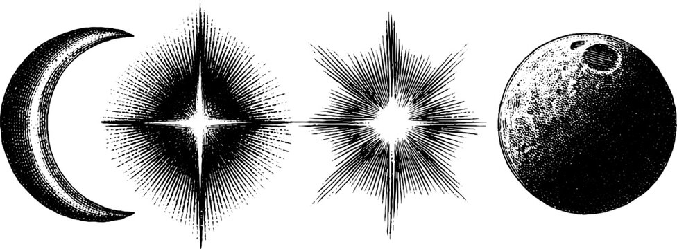 Engraved celestial illustrations featuring moonlight glow and night sky elements