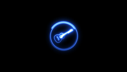 Neon guitar icon illustration, on black background. Digital Neon Music play button symbol background illustration.