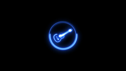 Neon guitar icon illustration, on black background. Digital Neon Music play button symbol background illustration.