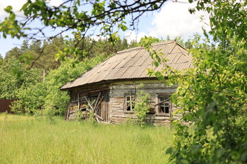 An old abandoned wooden house with boarded-up windows. Ukrainian Polissia, Chernihiv region.