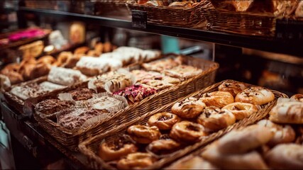 An assortment of freshly baked pastries and baked goods arranged on shelves. - Powered by Adobe