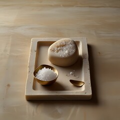 Natural Handmade Soap and Salt on Beige Marble Tray
