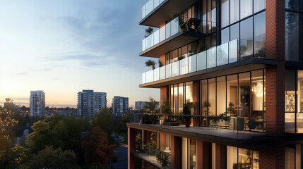 Obraz premium Modern residential building with balconies and city skyline at sunset