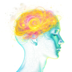 Abstract head with vibrant brain energy and intricate network on a black background profile view