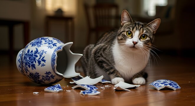 cat next to a broken porcelain pot