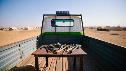 Desert truck bed tools solar panel nomadic lifestyle