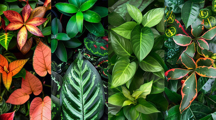 Five photos with a close view of plant leaves, each photo has various shades of green, red, and orange colors. Each photo depicts a different variety of plant life.