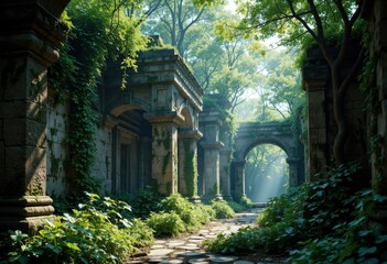 Fototapeta premium Serene ancient ruins surrounded by lush greenery and tall trees in a peaceful forest setting