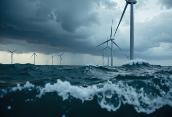 Offshore wind turbines operate in stormy sea conditions under dark, cloudy skies