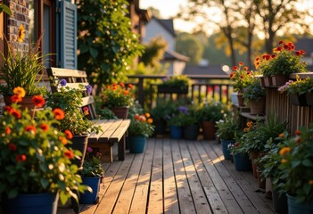 Beautiful sunlit balcony garden with colorful flowers and wooden flooring