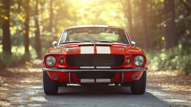 Red classic car in forest path