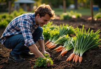 Fototapeta premium Man planting a young green plant in a garden with freshly harvested carrots nearby