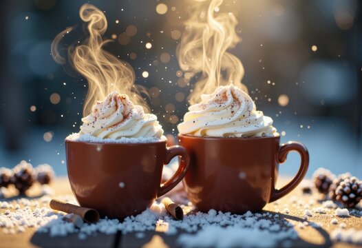 Two steaming cups of hot chocolate topped with whipped cream and sprinkles, perfect for a cozy winter treat - Powered by Adobe
