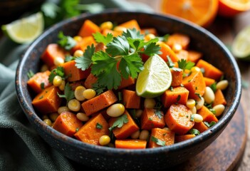 Fresh sweet potato salad garnished with lime and cilantro in a black bowl