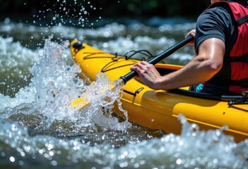 Person kayaking in a river with splashing water and vibrant yellow kayak