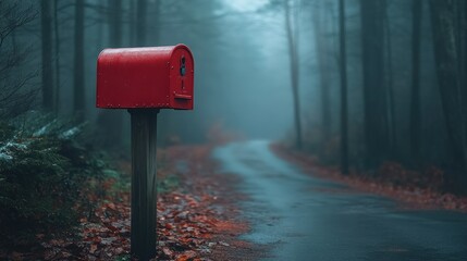 Red mailbox on a misty, woodland road