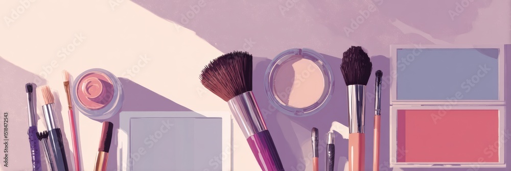 Poster Makeup Setup With Brushes and Mirror Arranged Neatly on a Clean Surface, Creating an Inviting and Organized Beauty Space for Application