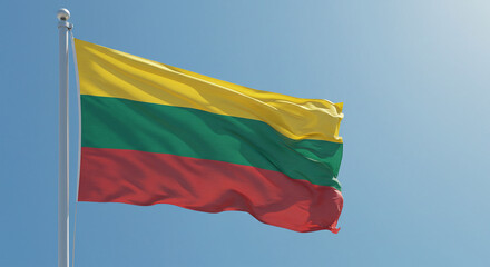 The national flag of Lithuania waving in the morning breeze, displayed against a clear sky with no other elements.